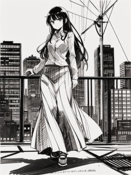 <lora:pensketch_lora_v2.3:0.8> penSketch_style, monochrome, ink sketch, 1girl, solo, full body, long hair, long skirt, city