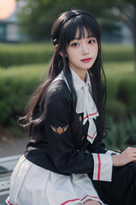 daidouji tomoyo, 1girl, solo, cosplay, cowboy shot,  tomoeda elementary school uniform, serafuku, long sleeves,buttons,neckerchief, pleated skirt,socks, loafers,  short hair,braided bun, long hair, straight hair,   bangs, sidelocks,hairband, 