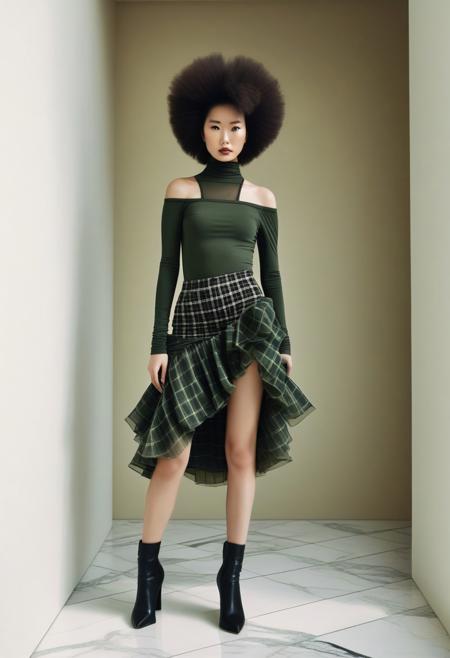 The image is a high-resolution photograph featuring a young Asian woman standing confidently in a modern, urban setting. She has a slender build and is dressed in a bold, eclectic outfit. Her outfit includes a fitted, long-sleeve top with a high neck, made from a mesh material that reveals her shoulders and upper arms, and features a dark green and black plaid pattern. The image is a high-fashion photograph of a woman with a striking, monochromatic aesthetic. The subject is a tall, slender woman with dark skin and an impressive, voluminous, natural afro hairstyle styled in a dramatic, geometric shape that extends outward from her head like a halo. Her hair is styled to resemble a crown or an architectural piece, adding a dramatic contrast to her slender, statuesque figure. The image is a photograph of a stylish woman standing indoors, likely in a modern, minimalist living space with a polished, light-colored marble floor and cream-colored walls. She is dressed in an outfit that combines a long-sleeved, off-the-shoulder, olive green top and a voluminous, ruffled, olive green skirt that drapes dramatically around her legs, creating a textured, ruched effect.