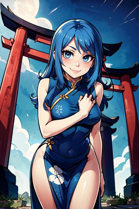 juvia lockser,  long hair, juvia lockser,  long hair, blue headwear, fur-trimmed headwear, capelet, blue dress, long sleeves, belt, side slit, tattoo, thighhighs,