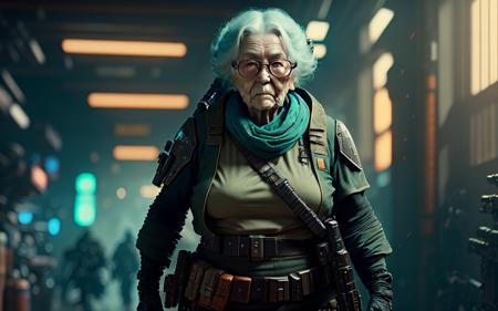 cinematic wallpaper of an old grandma as a badass futuristic bounty hunter wielding a carbine, gritty, soft focus, well-lit, cinematic lighting, cinematic movie still frame