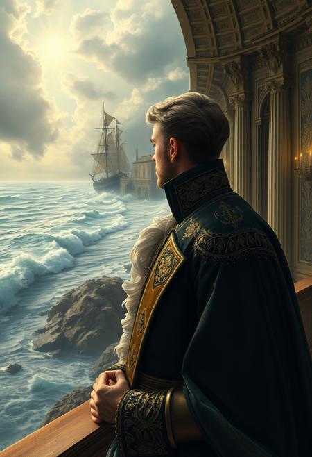 An elegant nobleman gazing over a windswept coastal scene, ethereal female figures, antique fashion, soft muted colors, symbolic imagery, classical architecture, glowing light, baroque interiors, dreamlike atmosphere, mystical realism, intricate detailing, sacred geometry, allegorical storytelling, vintage textures, ornamental design, grand structures, floating compositions, spiritual undertones, chiaroscuro lighting, surreal elegance
