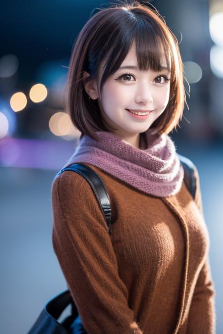 (girl, head, brown hair, smile, violet eyes :1.1), 1girl, solo,brown hair, short hair, blunt bangs, scarf, hairpin, galaxy background, looking at viewer, (depth of field, blurry, blurry background, bokeh:1.4), jacket,<lora:yamir:0.9>