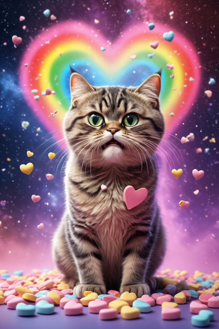 lazympos,also cute Angry cat made from candyhearts,<lora:lazympos:1>,<lora:crowd_notrigger:0.7>,<lora:add-detail-xl:1>,breathing rainbows,magic,sci fi,energy,text "buzz me",<lora:Candyhearts-15:0.7>,(outer space background) . Professional,modern,masterpiece,super realistic,highly detailed