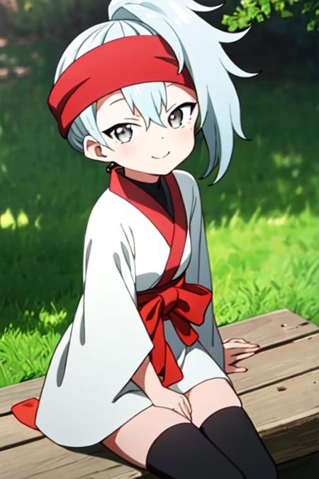 masterpiece, best quality, <lora:kunoichi_uikyou:0.7> 1girl, solo, grey eyes, grey hair, ponytail, red headband, single jingle bell, white kimono, one long sleeve, wide sleeve, black legwear, looking at viewer, cowboy shot, light smile, short hair, sitting,