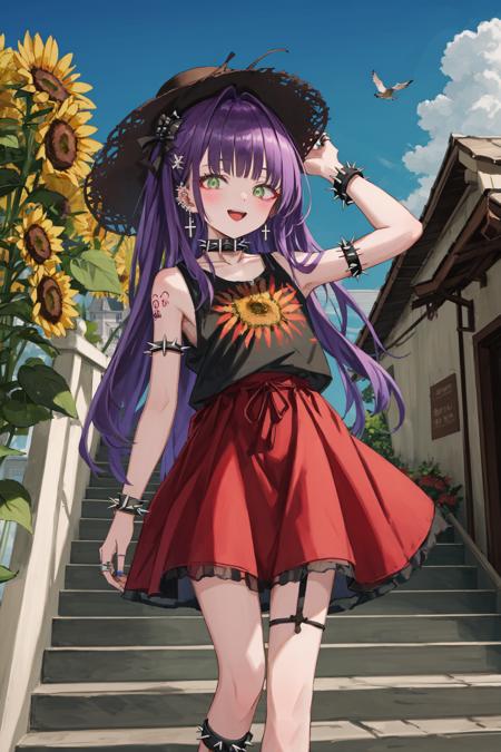 1girl, solo, jewelry, purple hair, bracelet, spikes, tattoo, black bow, spiked bracelet, long hair, green eyes, smile, blush, ring, spiked armlet, looking at viewer, bow, hair bow, collar, skirt, open mouth, spiked collar, hair intakes, black nails, studded bracelet, earrings, black skirt, cross, shirt, indoors, :d, cowboy shot, multiple rings, hand up, twintails, black shirt, cross earrings, bare shoulders, ear piercing, bangs, armlet, sleeveless shirt, sleeveless, fingernails, piercing, black ribbon, nail polish ,hat, flower, solo, sky, sunflower, outdoors, dress, cloud, day, hat removed, holding, headwear removed, holding hat, holding clothes, brown hair, long hair, standing, blue sky, scenery, red footwear, sleeveless, shoes, sundress, sleeveless dress, building, straw hat, brown eyes, sun hat, bangs, tree, bare shoulders, house, looking at viewer, plant, sunlight, stairs, bird 
///////////  <lora:GU-000183:1>