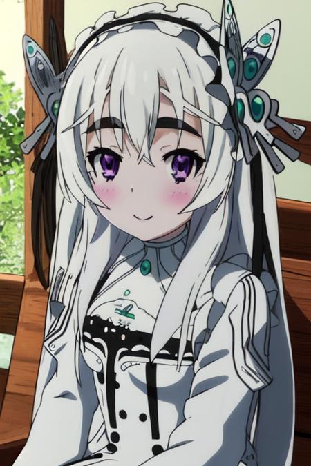 anime perfect detailed style, best quality, ultra perfect detailed, perfect anatomy, chaika trabant (hitsugi no chaika), white-silvered hair, purple eyes, black eyebrows, black and white dress, black and white hair ornament with small silver butterflies on sides