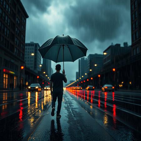 A young man walks down a wet street under a stormy sky, his footsteps echoing in the empty street. In the distance, traffic lights flash like mirages, emphasizing his loneliness. He carries a huge parachute-like umbrella, as if trying to protect himself from an emotional storm. Dark city and stormy sky as a symbol of inner struggle, conflict of feelings that are about to explode. The style is expressionism, gloomy colors, emphasis on the details of the rain and the umbrella.
Translated with DeepL.com (free version)