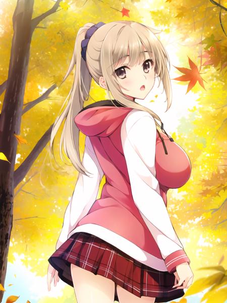 best quality,masterpiece, high res,original, beautiful detailed eyes, 1girl, solo, skirt, open mouth, hood, ponytail, looking at viewer, tree, dutch angle, looking back, brown eyes, outdoors, blonde hair, long hair, red skirt, hoodie, scrunchie, hood down, breasts, blush, leaf, hair ornament, brown hair, large breasts, autumn leaves, autumn, light brown hair, hair scrunchie, miniskirt, long sleeves, striped
<lora:iizuki_tasuku:0.85>