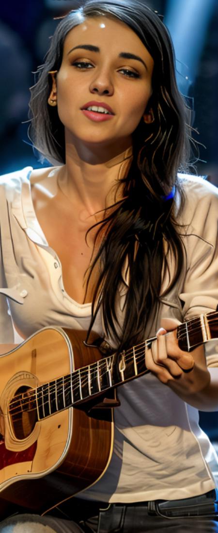 <lora:LightsV2:1> a woman  , singing, playing a guitar, white  shirt, black hair. beautiful face