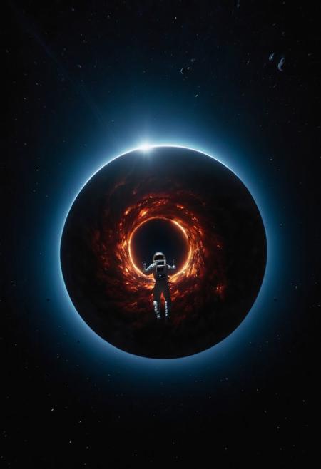 (masterpiece, top quality, official art, best quality, beautiful and aesthetic:1.2), 4k, 8k, Dimly lit environments, 24bit colors, a stunning film noir still photograph, 
Top fantasy film, raw, realistic, a space astronaut floating in the dark space with a (huge black hole/Interstellar style) in the background,
dramatic cinematic film lighting, subsurface scattering, atmospheric lighting, imperfections, natural, shallow dof, sss lighting, very clear hands, perfect eyes, 
very strong contrast, dramatic Lighting,
strong visual contrast, terrifying, 
Tsutomu Nihei, cinematic film style, special effects, VFX, award-winning picture, highly detailed, ultra-high resolutions, 32K UHD, sharp focus,
(photorealistic:1.5), (Extremely realistic, masterpiece, top quality, official art, best quality, beautiful and aesthetic:1.2), 4k, 8k, 
very rich details,