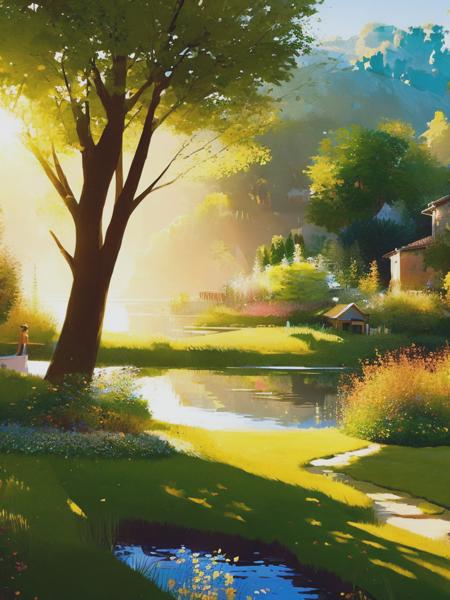 <lyco:PascalCampion:1.0> a full sunlight morning garden with a lake, digital painting, pascal campion