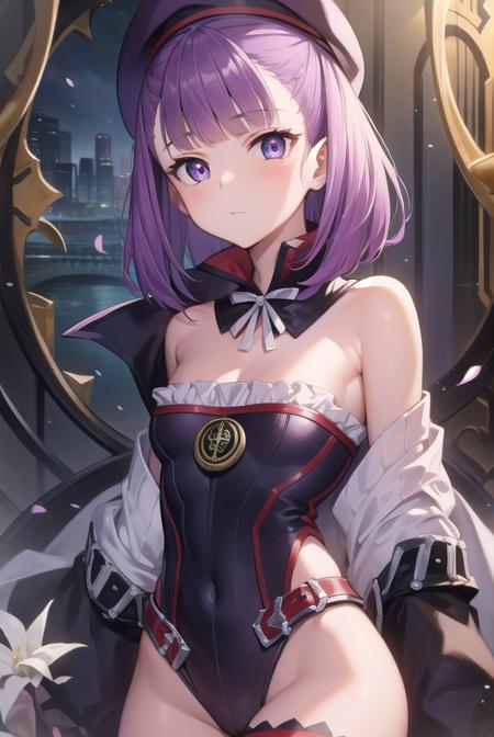 helena blavatsky, purple hair, short hair, (purple eyes:1.1), bare shoulders, belt, beret, bow, detached collar, detached sleeves, hat, leotard, purple headwear, purple leotard, red belt, white bow, white sleeves,