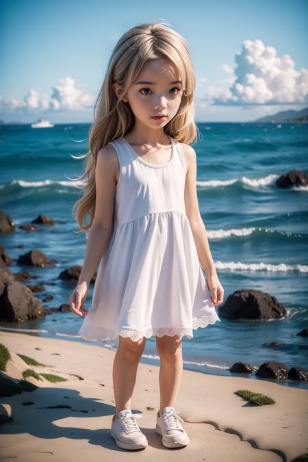 photorealistic,realistic,photography,masterpiece,best quality,ultra-detailed,1girl,full body,white dress,long white hair,by the sea,sneakers,chibi,<lora:mdchibi-000005:0.5>,