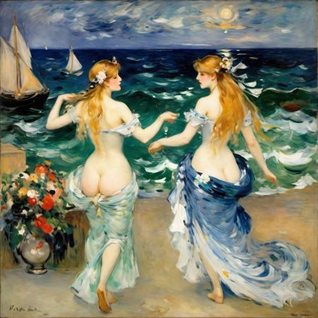 impressionist painting by Berthe Morisot, very rough painting with visible paint strokes, Neptunes court in the sea, Neptune on a throne of sea shells, sea at night, mystic glow, smooth bodies in the night, flowing hair, dancing najads,