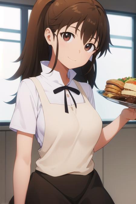 popura taneshima, long hair, brown hair, (brown eyes:1.5), ponytail, ahoge, apron, waitress, short sleeves, skirt, black skirt,