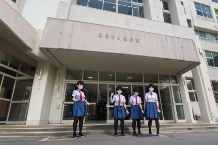 best quality, ultra-detailed, illustration,
genkan, syoukouguchi, multiple girls, window, glasses, black hair, long hair, standing, building, outdoors, red necktie, pantyhose, white shirt, shoes, school uniform, blue skirt, collared shirt, 
 <lora:syoukouguchi_SD15_V1_DIM4:1>