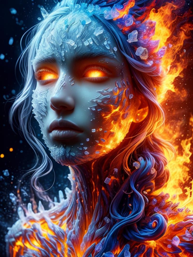 A woman with blue hair and a fiery background.