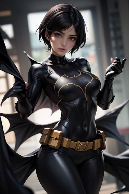 CassCain, cassandra cain, batgirl suit, 1girl,  black hair, brown eyes, looking at viewer, mask, short hair,   <lora:CassandraCain-01:0.7>