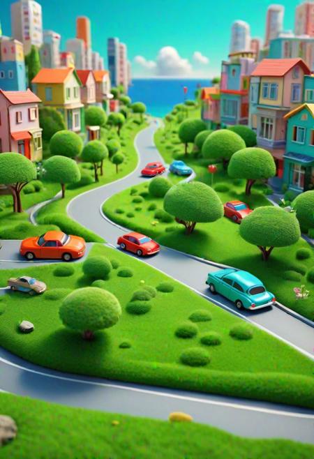 advertisement with a city with streets with cars, green grass, mother, father, in the style of cute cartoonish designs, dreamlike visuals, soft sculptures, webcam, bright colors, bold shapes, coastal landscapes, capturing moments