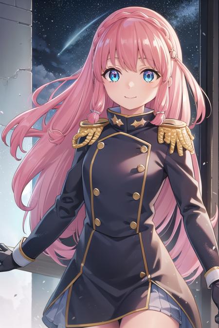 neiookawamura, <lora:nei ookawamura manga-lora-nochekaiser:1>,
nei ookawamura, long hair, blue eyes, hair ornament, pink hair, braid, smile,
BREAK gloves, boots, belt, skirt, uniform, military, military uniform, epaulettes,
BREAK outdoors, space, starry sky, star \(sky\), moon,
BREAK looking at viewer, (cowboy shot:1.5),
BREAK <lyco:GoodHands-beta2:1>, (masterpiece:1.2), best quality, high resolution, unity 8k wallpaper, (illustration:0.8), (beautiful detailed eyes:1.6), extremely detailed face, perfect lighting, extremely detailed CG, (perfect hands, perfect anatomy),