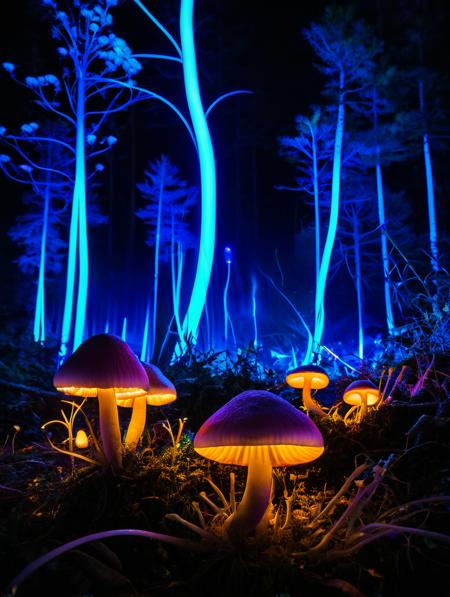 alien hallucinogenic mushrooms in the forest with surrealist landscape, in the night, lights at the background, neon, vivid colors, like a futuristic place, alien plants <lora:SDXLHighDetail_v5:1>, long exposure photography, streaking lights, smooth motion, dreamy landscapes, ethereal atmosphere, light painting, creative expression, time manipulation, surreal effects, captivating visuals, artistic interpretation, immersive experience, unique perspective
