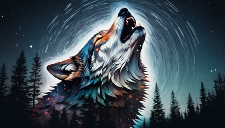 surreal double exposure portrait of a beautiful howling wolve in dark mountain forest scenery against star trail starry night, by Dave White, Conrad Roset, Brandon Kidwell, Andreas Lie, Dan Mountford, Agnes Cecile, triadic colours, thick opaque strokes, accurate depth of field, hyper detailed, whimsical, dynamic, dreamy masterwork