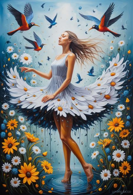 masterpiece, best quality, good quality, very aesthetic, absurdres, newest,1girl, surrealism, melting, oil painting, abstract, flowers, birds, summer, dancing in a flower, giant birds, full body,