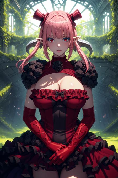 <lora:AstarothX_V3:0.9>  masterpiece, best quality, astarothx, twintails, low horns, frilled dress, black rose, shoulder pads, mini top hat, red elbow gloves, large breasts, scenery, ruins, vines, overgrown, mysterious, rim lighting, soft particles, glowing, backlighting