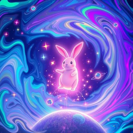 The background is a swirling, neon-colored cosmic landscape with vivid hues of swirling colors like cold blues and glowing purples and glowing geometric shapes, creating a mesmerizing, dreamlike effect.
At the center of the image floats a rabbit made of light.  
Accompany this with a whimsical graphic of space, surrounded by psychedelic stars and glowing orbs.
The overall feel should be playful, cosmic-themed with that sparks the desire to explore space and fills you with a sense of hope and wonder.