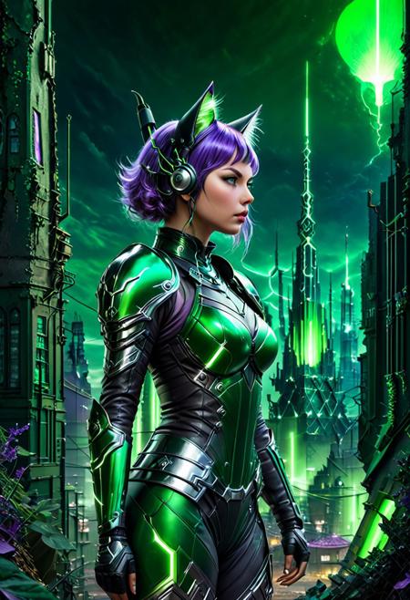 electricity, green glow, green theme,
A moody profile of a girl wearing cat ears and chrome armor,  eerie ambience, enchanting illusion, epic fantasy,pleading eyes., dynamic urban setting, purples, intricacy and surrealism, organic forms, captivating textures, chaotic landscape