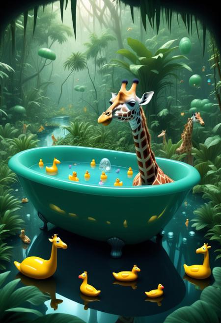 surreal illustration, a royal jade bathtub in the middle of a jungle, occupied by a surprised giraffe wearing snorkel gear, rubber ducks made of crystal floating, vibrant glowing reflections, majestic nonsense at its peak