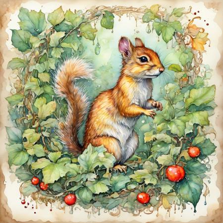 Whimsical Art Nouveau Watercolor, taking on the appearance of rodents such as squirrel and chipmunk. Their body primarily consists of a light greenish yellow color. The tail is large and bushy and is tipped with white. Their ears, whiskers and collar all take on the appearance of green leaves with the right ear having a distinct notch giving the appearance of a bitten leaf. Their shiny eyes are a bright red-orange, and they have a large gem on their forehead to match. Underneath their collar, there can be seen two red berries attached to their chest, possibly resembling cherries.