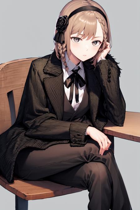 masterpiece, best quality, highres, 1girl short hair hairband hair flower braid, black jacket black fur trim black coat suit long sleeves shirt collared shirt neck ribbon black pants suit <lora:oscar:1> sitting, head rest, crossed legs