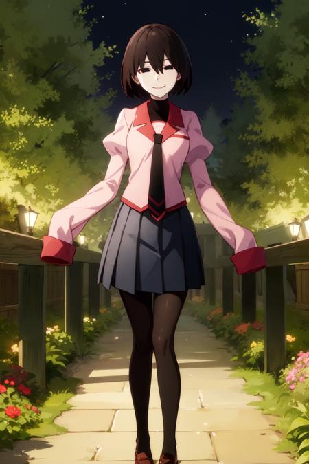 ougioshino, 1girl, solo, looking at viewer, smile, short hair, bangs, black hair, hair between eyes, black eyes, bob cut, pale skin, oshino ougi, empty eyes, 
skirt, long sleeves, school uniform, pantyhose, pleated skirt, necktie, shoes, puffy sleeves, black skirt, sleeves past wrists, black pantyhose, turtleneck, bob cut, juliet sleeves,  black necktie, sleeves past fingers, pink shirt, naoetsu high school uniform, black undershirt, 
 (night, dim lighting: 1.5), cowboy shot, garden, trees,
<lora:oshino-ougi-v1:0.9>