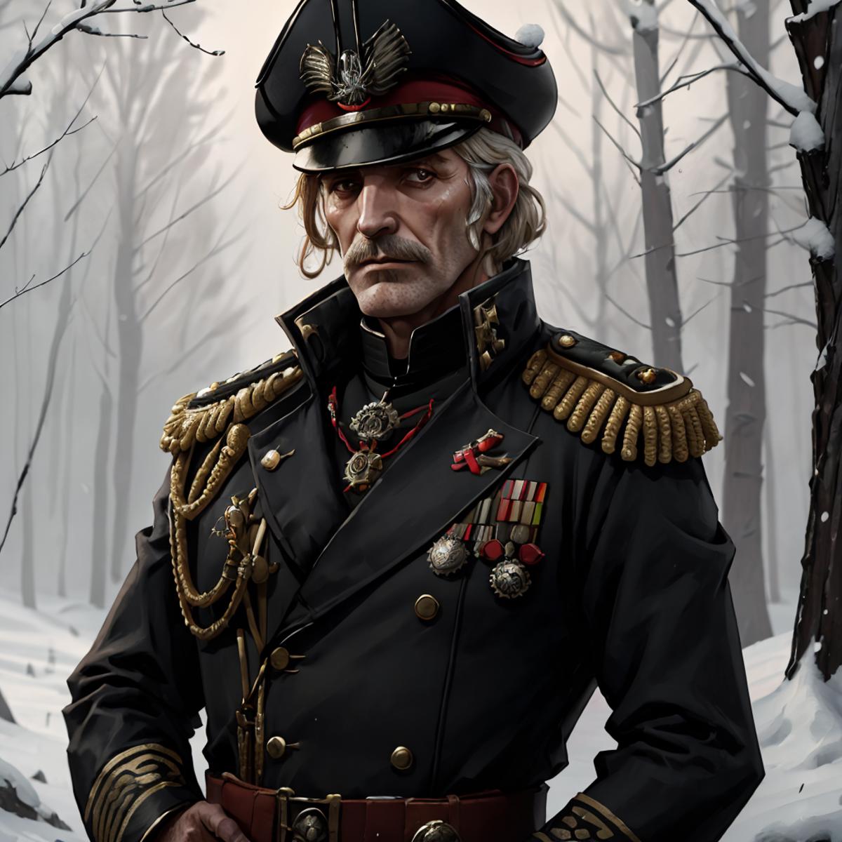 A man in a military uniform with a black hat, standing in a snowy forest.