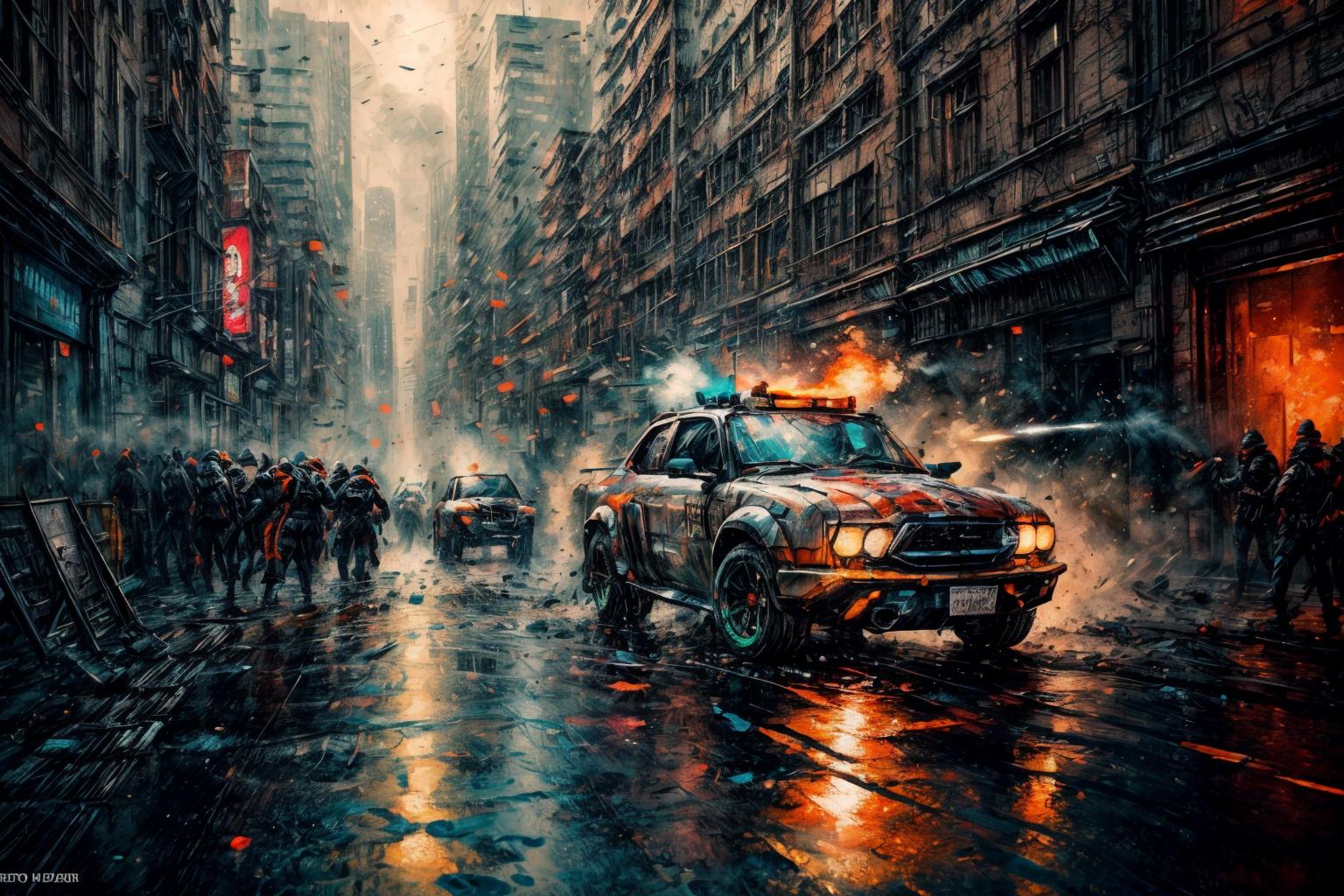 (RAW photo, 8k uhd, Analog style, Masterpiece, Best Quality, Highres:1.3), (dramatic, cinematic:1.2), BREAK,
movie shot of (ultra-detailed:1.1), (striped:1.3) (military:1.4) (cyberpunk:1.3) (battlecar:1.35) (armed with turret machine gun and grenade launchers:1.33) (rushing:1.3) through (cyberpunk city street:1.35), ((glossy:1.1) technological futuristic design:1.2), (drifting:1.3), (neon lights:1.1), (wet asphalt, reflections:1.2), (firing tires:1.35), (water splash, puddles:1.32), (debris:1.32), (steam:1.3), (frightened:1.1) (pedestrians:1.4), (bright day:1.15), (daytime:1.15) (cloudy sky, (rain:1.1):1.2), (skyscrapers:1.15), BREAK,
(photorealistic:1.2), (dutch angle:1.4), (light particles, colorful:1.2), (action movie scene, dynamic composition, fast, chasing:1.3), (motion blur, motion lines:1.3), (cyberpunk, science fiction, blockbuster, military vehicle, volumetric light:1.3), (daylight:1.2) (noir:0.5) (urban atmosphere, vehicle focus, cinematic tone, toxic, glowing, intricate, electricity, purple orange green color scheme, graffiti, (dust:1.1), no humans:1.2), BREAK,
<lora:more_details:1.0>,
<lora:zoom_slider_v1:2.0>