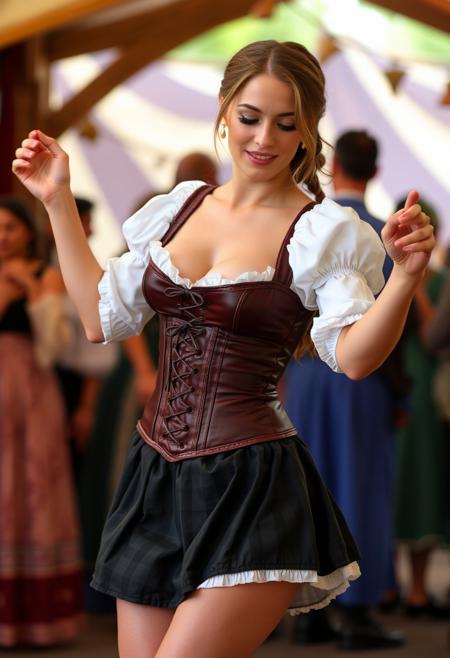 A beautiful woman dancing at a renaissance fair wearing a very short skirt, corset, deep cleavage,