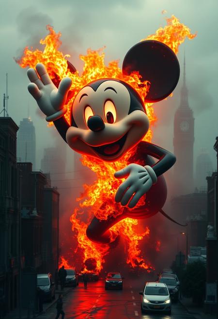 An epic move still, highly detailed, Giant Mickey Mouse destroying the city, breathing fire, crushing cars, eating people, gleeful, happy, evil, pure evil