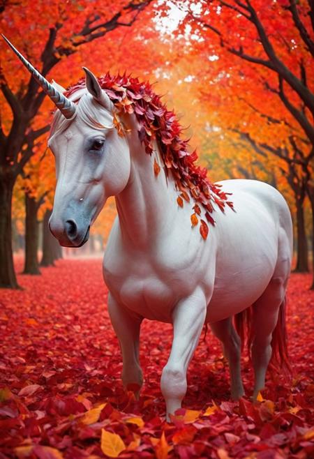 A unicorn cloaked in a storm of RED LEAVES, its translucent body refracting light like stained glass. Its mane cascades with WORLD MORPH LEAVES that dissolve into the air, leaving a trail of autumn hues. The horn twists like a vine of RED LEAVES, glowing with cosmic energy as it reshapes the world into a kaleidoscope of shifting seasons. Dreamlike, magical, and vivid. <lora:World Morph Leaves:1>