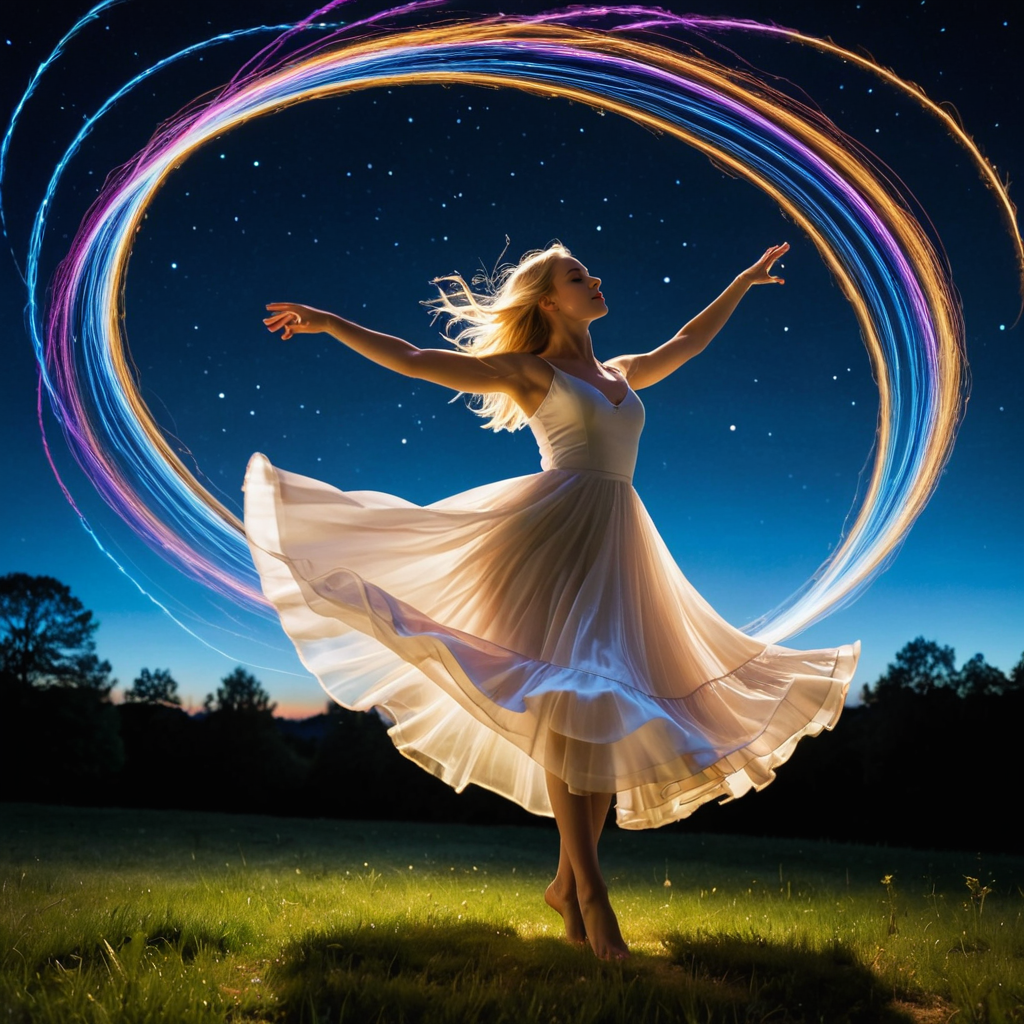 Fairy tale Music, emotions, expression of feelings, started to focus on the moment, awakens emotions, girl, blonde hair, levitate, dancing, Magic realism painting art style, surreal compositions, vibrant colors, blurs the line between reality and fantasy, long exposure photography, streaking lights, smooth motion, dreamy landscapes, ethereal atmosphere, light painting, creative expression, time manipulation, surreal effects, captivating visuals, artistic interpretation, immersive experience, unique perspective . Magical, fantastical, enchanting, storybook style, highly detailed