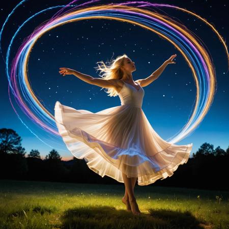 Fairy tale Music, emotions, expression of feelings, started to focus on the moment, awakens emotions, girl, blonde hair, levitate, dancing, Magic realism painting art style, surreal compositions, vibrant colors, blurs the line between reality and fantasy, long exposure photography, streaking lights, smooth motion, dreamy landscapes, ethereal atmosphere, light painting, creative expression, time manipulation, surreal effects, captivating visuals, artistic interpretation, immersive experience, unique perspective . Magical, fantastical, enchanting, storybook style, highly detailed