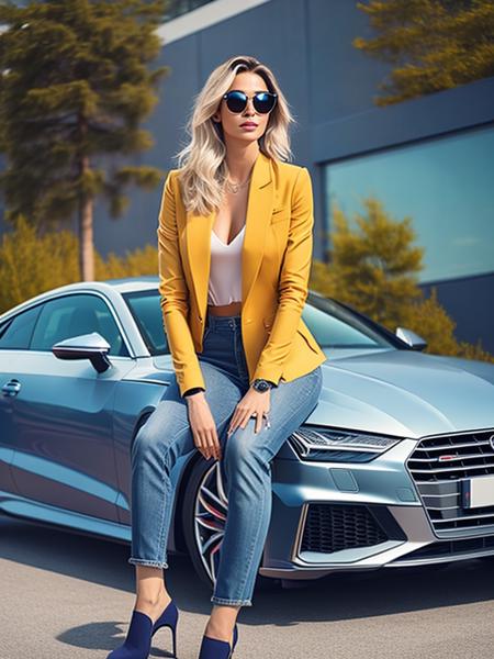 a woman sitting on top of an audi s7, sitting in her car, style of flavie audi, standing in a parking lot, cars portraits, car commercial photograph, photo of a model, on a parking lot, in front of a garage, woman is sitting, forest city streets behind her, epic and classy portrait, sits on a rooftop, sophisticated young woman, 1girl, car, motor vehicle, ground vehicle, solo, blonde hair, sports car, sky, long hair, outdoors, vehicle focus, sunglasses, day, pants, blue sky, sitting, looking at viewer