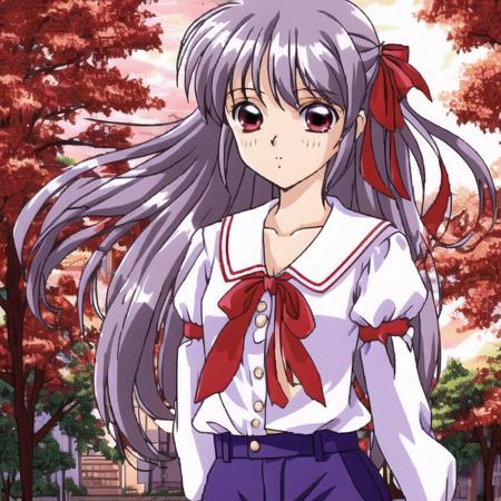 <lora:Furiava_Haakdith:1>,  1girl, bow, collarbone, fireball, hair bow, hair ribbon, highres, juliet sleeves, long hair, long sleeves, looking at viewer, pants, puffy sleeves, red eyes, ribbon, shirt, silver hair, solo, tress ribbon, very long hair, walking