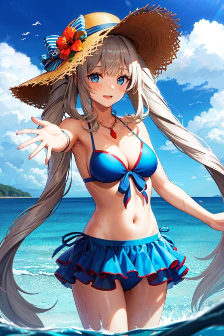 aamarie, very long hair, twintails, hair ornament, crab, collarbone, bare shoulders, cleavage, yellow ribbon, red dress, bare arms aamarie, very long hair, twintails, hair ornament, sun hat, brown headwear, hat bow, white flower, collarbone, bare shoulders, off shoulder, sundress, white dress aamarie, very long hair, twintails, sun hat, hat flower, red flower, striped, hat ribbon, necklace, collarbone, bare shoulders, cleavage, blue bikini, front-tie bikini top, bikini skirt