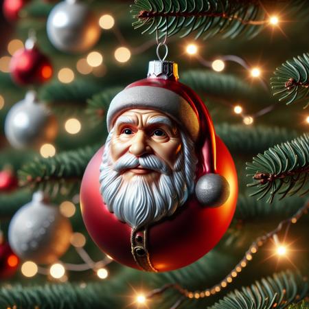 very realistic close-up photograph of a  Christmas sphere with a Santa Claus  on it hanging in a Christmas tree branch