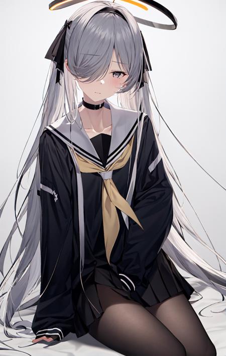 1girl, arm_support, bangs, black_choker, black_jacket, black_legwear, black_sailor_collar, black_serafuku, black_shirt, black_skirt, blush, choker, closed_mouth, collarbone, cross_choker, eyebrows_visible_through_hair, gradient, gradient_background, grey_background, grey_eyes, grey_hair, hair_between_eyes, hair_over_one_eye, hair_ribbon, hairband, halo, long_hair, long_sleeves, looking_at_viewer, neckerchief, no_shoes, open_clothes, pantyhose, pleated_skirt, ribbon, sailor_collar, school_uniform, serafuku, shirt, silver_hair, sitting, skirt, sleeves_past_wrists, solo, very_long_hair, white_ribbon, white_sailor_collar <lora:style_Pale:1>