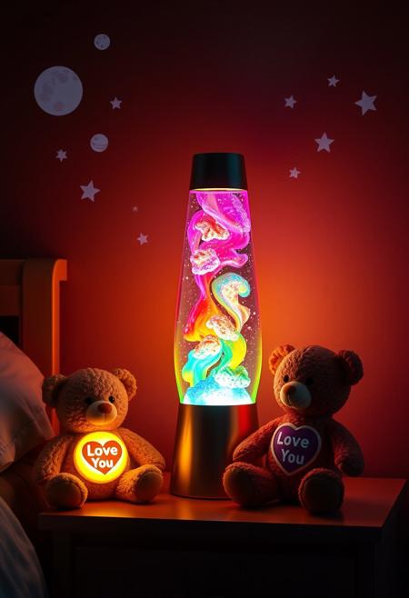 "Create a hyper-realistic image of a colorful lava lamp on a nightstand in a dark room. The lamp is lit, with vibrant, swirling liquids and glittering particles suspended in a mesmerizing dance. A nightlight projects tiny planets and five-pointed shooting stars on the wall. Next to the lamp, a small teddy bear sits with a glowing heart-shaped light on its chest, displaying 'Love You'. The lamp's soft glow, the bear's gentle light, and the celestial nightlight projection bring joy and comfort to the dark room, creating a peaceful atmosphere." Octane render, Highest-Quality, 8 k, intricate details, visually stunning, Masterpiece