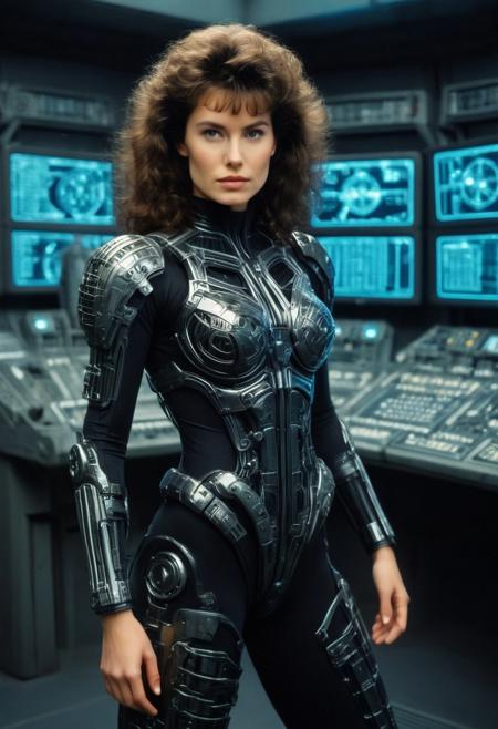 chelsea field as a young tactical combat supermodel cyborg biocomputer, age-22, fabulous dark brunette hair, perm, 80s_glamour_shots, wearing a tight wiretech unitard augmented with advanced weaponry, in a galactic command center, year 2525
(Professional photography, bokeh, flash photography, sharp focus, tilt-shift lens, wide angle shot:0.9)