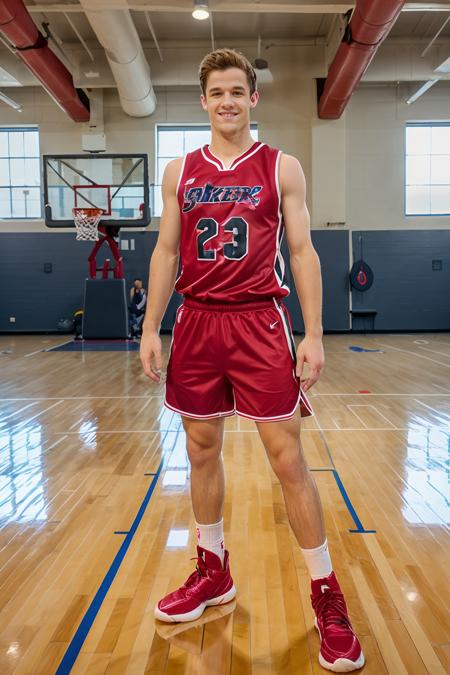 (basketball gym,) high ceiling, (hardwood floor), (basketball court), BradHunter, basketballplayer, basketball uniform, (crimson jersey:1.4), (crimson shorts:1.3), dynamic movement, ball, white socks, black sneakers, smiling,masterpiece, (((full body portrait))), wide angle   <lora:BradHunter:0.8> <lora:Clothing - Sexy Basketball Player:0.30>